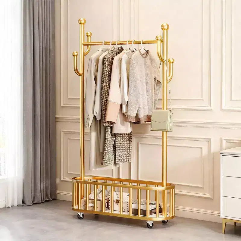 Rolling Clothing Rack with Wheels and Basket Storage, Metal Moveable Large Coat Rack Decorative Clothing Racks for Hanging Clothes