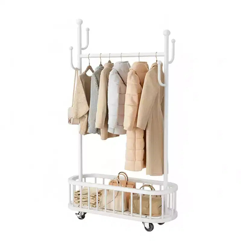 Rolling Clothing Rack with Wheels and Basket Storage, Metal Moveable Large Coat Rack Decorative Clothing Racks for Hanging Clothes