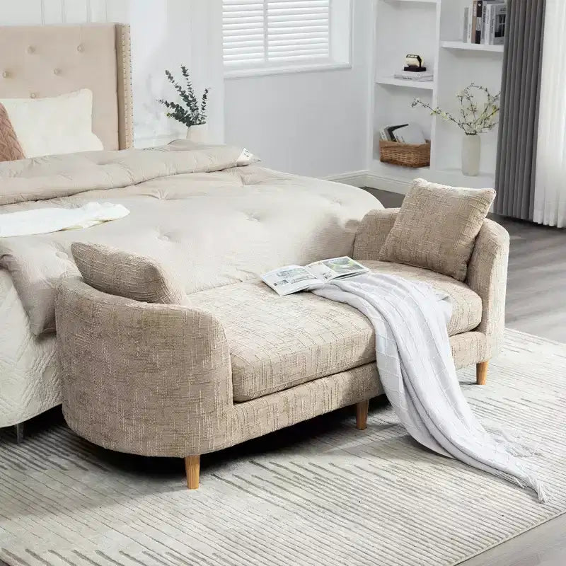 Panca imbottita con cuscino, panca per fondo letto, chaise longue in ciniglia, panca minimalista da ingresso, poggiapiedi con morbido cuscino e guanciale