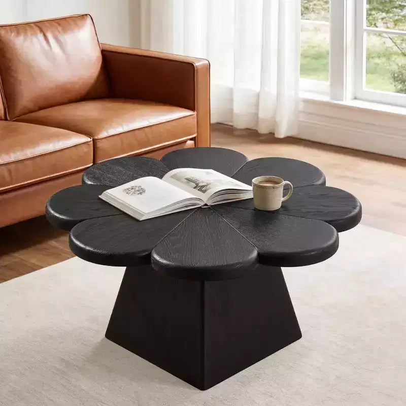 Tavolino da salotto moderno circolare a forma di petalo con base in legno di caucciù