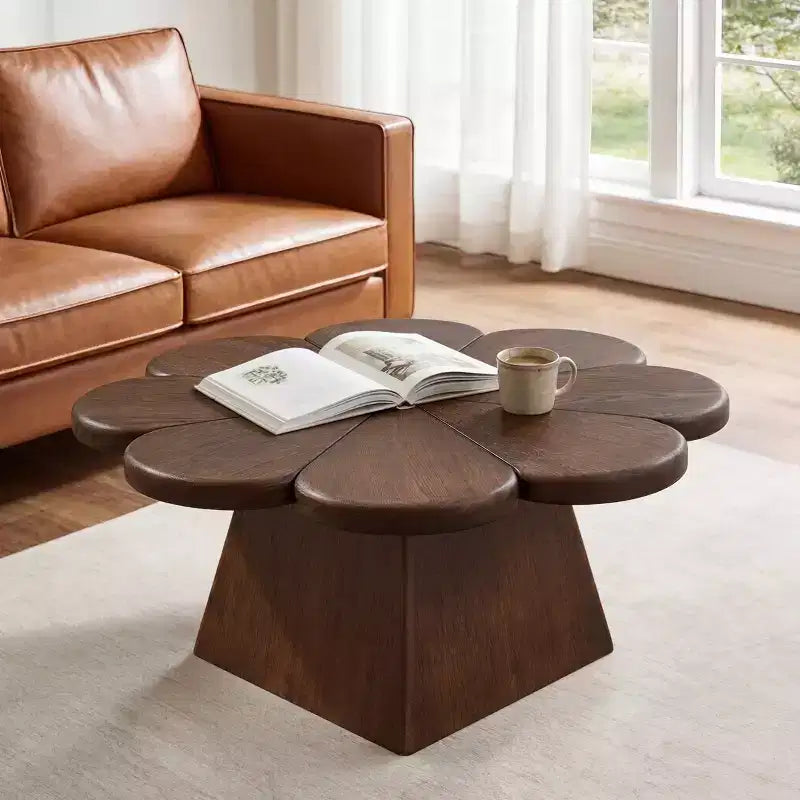 Tavolino da salotto moderno circolare a forma di petalo con base in legno di caucciù
