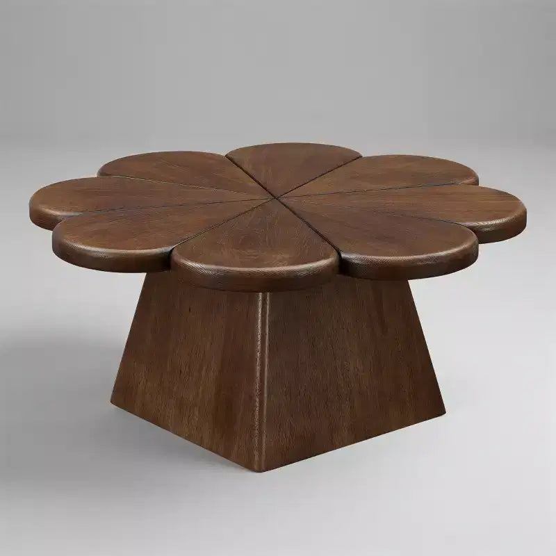 Tavolino da salotto moderno circolare a forma di petalo con base in legno di caucciù