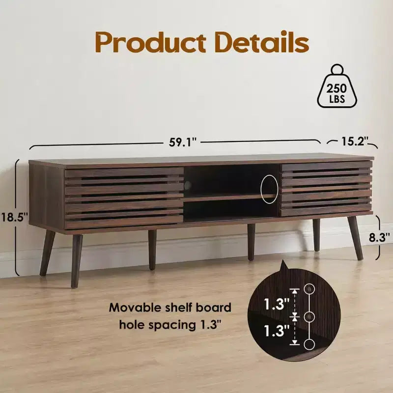 Mobile TV in legno scanalato in stile moderno di metà secolo per televisori da 70, con contenitore e gestione dei cavi