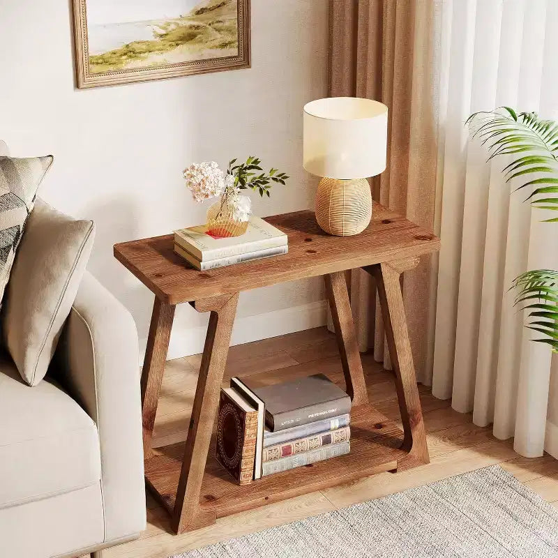 Tavolino laterale rettangolare a 2 ripiani in legno massello, stile rustico da fattoria, stretto, con base trapezoidale per il soggiorno, facile da montare