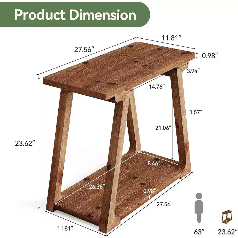 Tavolino laterale rettangolare a 2 ripiani in legno massello, stile rustico da fattoria, stretto, con base trapezoidale per il soggiorno, facile da montare