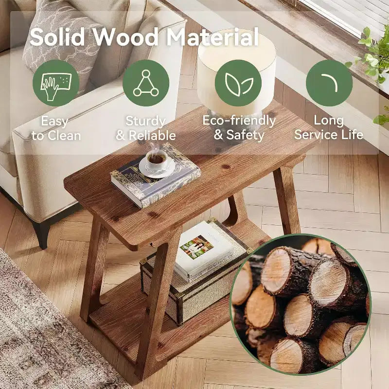 Tavolino laterale rettangolare a 2 ripiani in legno massello, stile rustico da fattoria, stretto, con base trapezoidale per il soggiorno, facile da montare