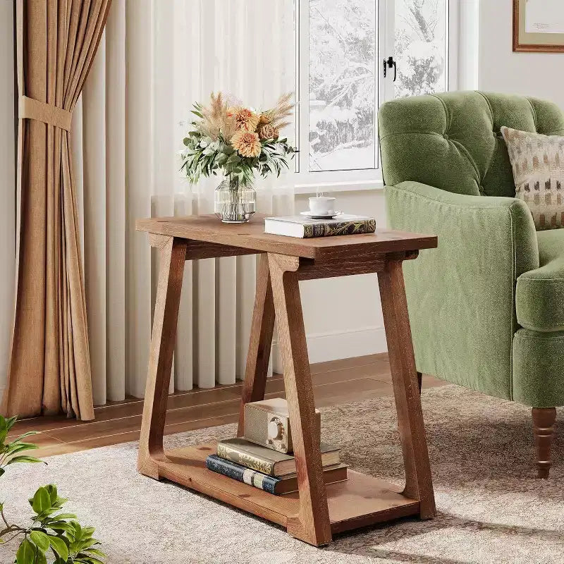 Tavolino laterale rettangolare a 2 ripiani in legno massello, stile rustico da fattoria, stretto, con base trapezoidale per il soggiorno, facile da montare