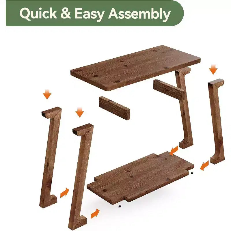 Tavolino laterale rettangolare a 2 ripiani in legno massello, stile rustico da fattoria, stretto, con base trapezoidale per il soggiorno, facile da montare