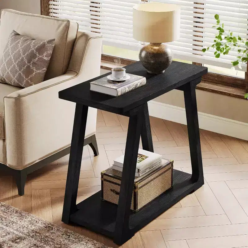 Tavolino laterale rettangolare a 2 ripiani in legno massello, stile rustico da fattoria, stretto, con base trapezoidale per il soggiorno, facile da montare
