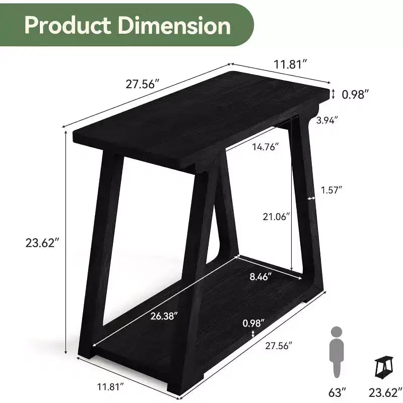 Tavolino laterale rettangolare a 2 ripiani in legno massello, stile rustico da fattoria, stretto, con base trapezoidale per il soggiorno, facile da montare