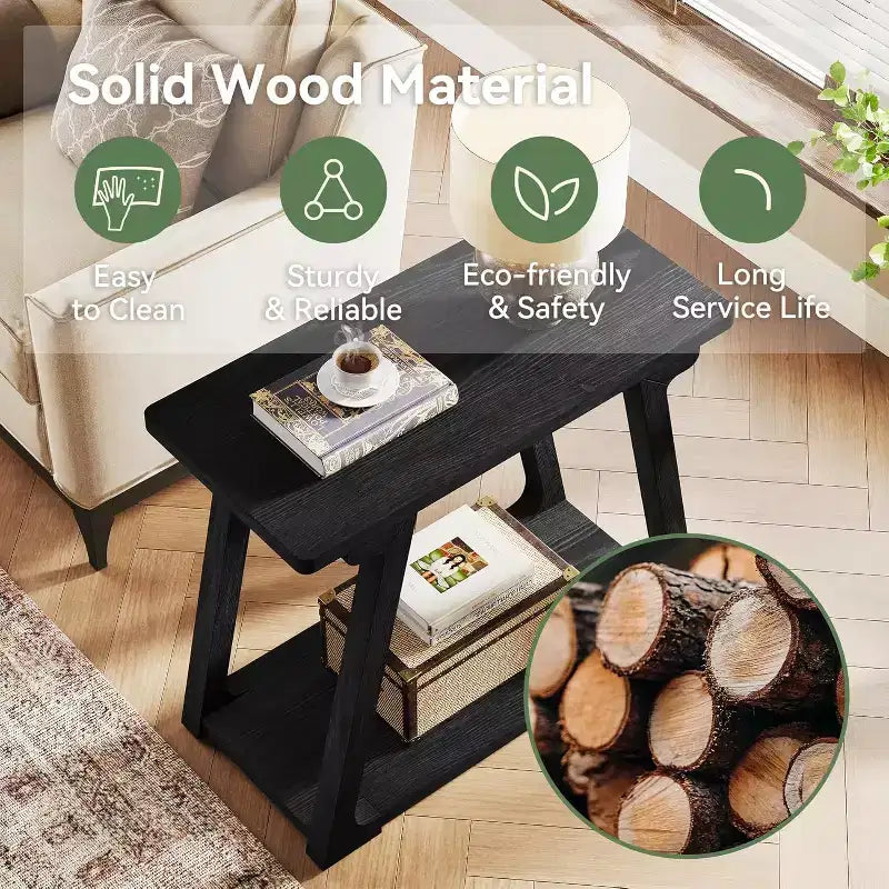 Tavolino laterale rettangolare a 2 ripiani in legno massello, stile rustico da fattoria, stretto, con base trapezoidale per il soggiorno, facile da montare
