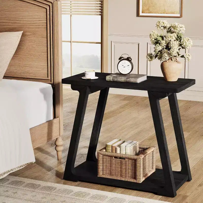 Tavolino laterale rettangolare a 2 ripiani in legno massello, stile rustico da fattoria, stretto, con base trapezoidale per il soggiorno, facile da montare