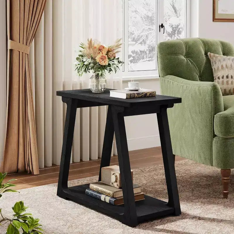 Tavolino laterale rettangolare a 2 ripiani in legno massello, stile rustico da fattoria, stretto, con base trapezoidale per il soggiorno, facile da montare