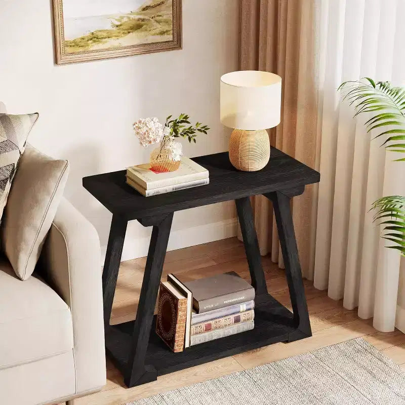 Tavolino laterale rettangolare a 2 ripiani in legno massello, stile rustico da fattoria, stretto, con base trapezoidale per il soggiorno, facile da montare