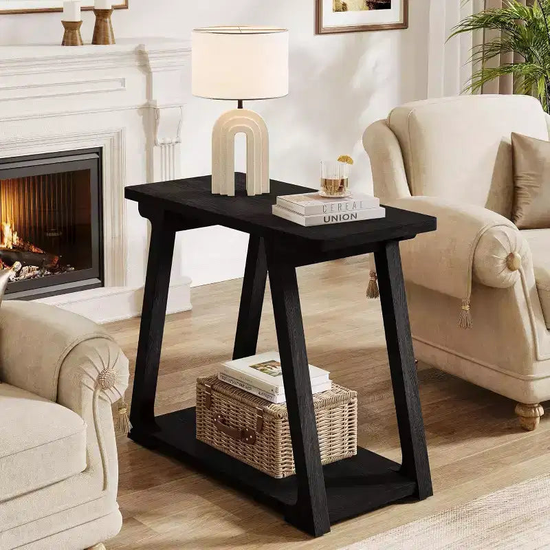 Tavolino laterale rettangolare a 2 ripiani in legno massello, stile rustico da fattoria, stretto, con base trapezoidale per il soggiorno, facile da montare