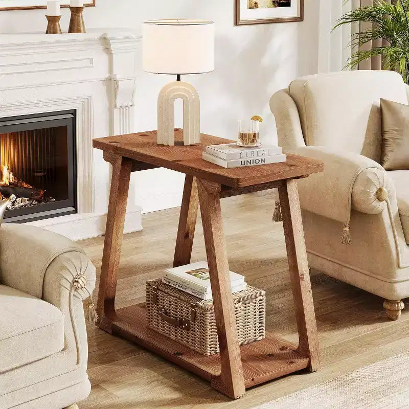 Tavolino laterale rettangolare a 2 ripiani in legno massello, stile rustico da fattoria, stretto, con base trapezoidale per il soggiorno, facile da montare