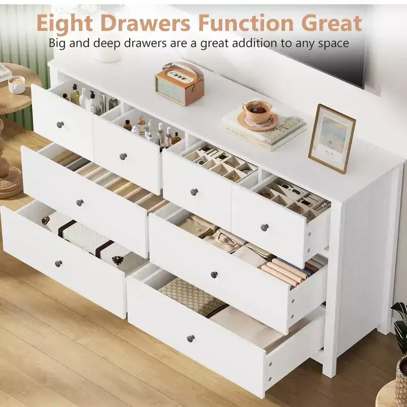 Cassettiera moderna a 8 cassetti per camera da letto, ampia cassettiera in legno con capienti vani contenitori, mobile organizer indipendente per soggiorno