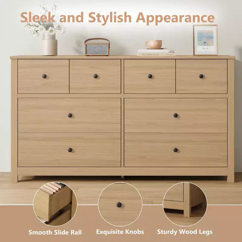 Cassettiera moderna a 8 cassetti per camera da letto, ampia cassettiera in legno con capienti vani contenitori, mobile organizer indipendente per soggiorno
