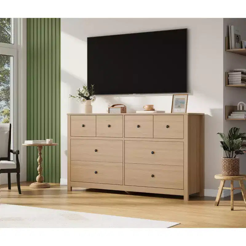 Cassettiera moderna a 8 cassetti per camera da letto, ampia cassettiera in legno con capienti vani contenitori, mobile organizer indipendente per soggiorno
