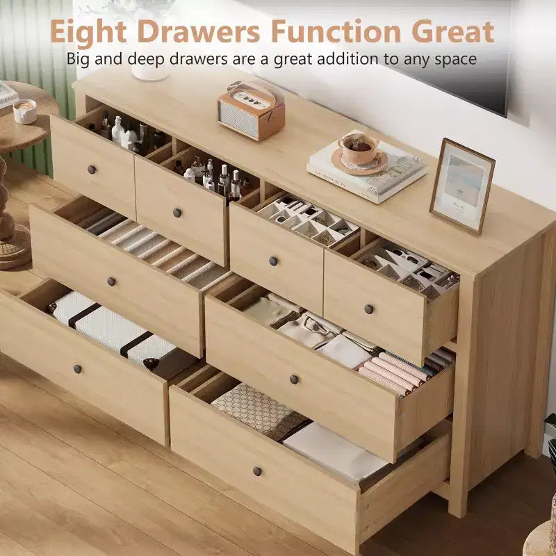 Cassettiera moderna a 8 cassetti per camera da letto, ampia cassettiera in legno con capienti vani contenitori, mobile organizer indipendente per soggiorno