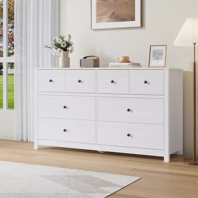 Cassettiera moderna a 8 cassetti per camera da letto, ampia cassettiera in legno con capienti vani contenitori, mobile organizer indipendente per soggiorno