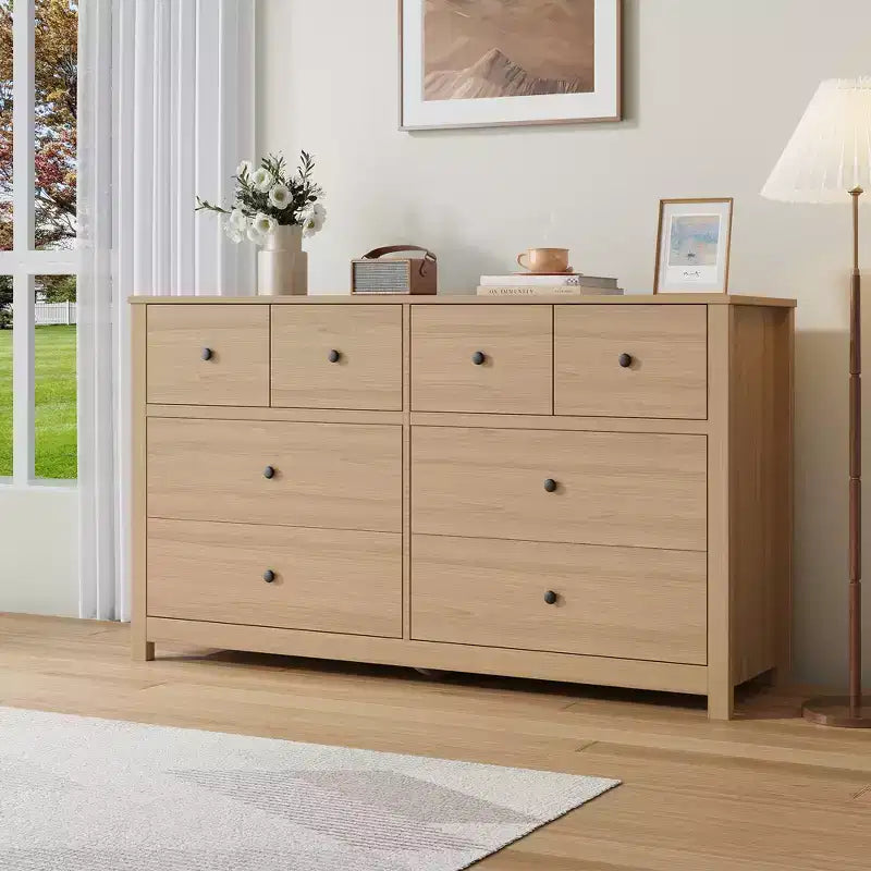 Cassettiera moderna a 8 cassetti per camera da letto, ampia cassettiera in legno con capienti vani contenitori, mobile organizer indipendente per soggiorno