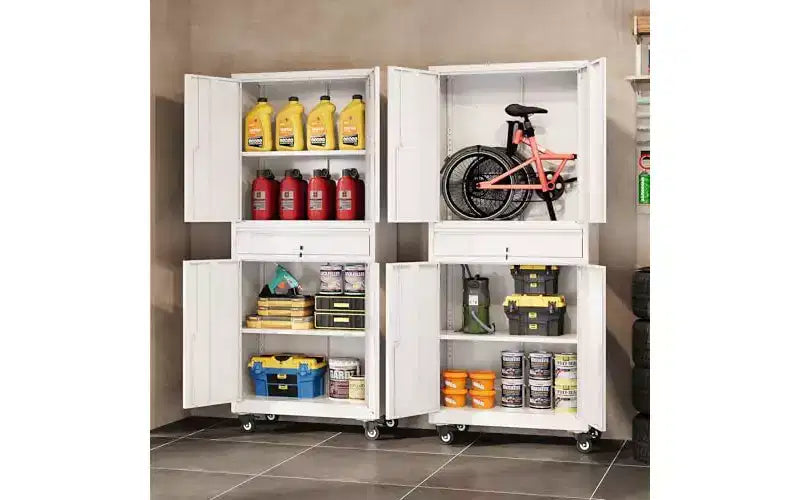 Armadio porta attrezzi in metallo per garage con ante con serratura e ripiani regolabili, mobile su ruote con cassetto per garage, magazzino e casa, bianco