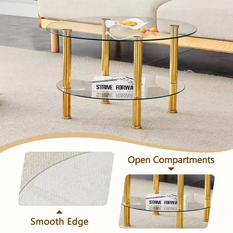 Tavolino da salotto contemporaneo minimalista a doppio livello, da 27.5, in vetro temperato, con gambe in acciaio inox placcato oro e vano contenitore