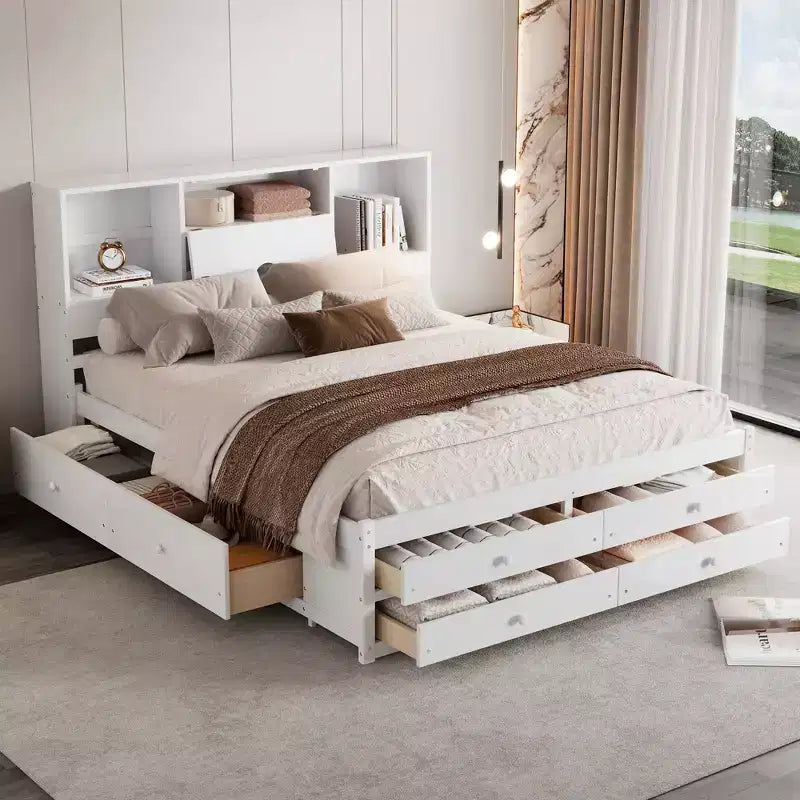 Letto contenitore matrimoniale Queen con ripiano e 8 cassetti, facile da montare