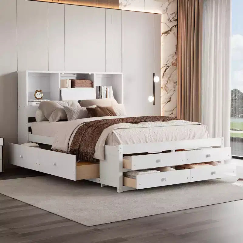 Letto contenitore matrimoniale Queen con ripiano e 8 cassetti, facile da montare