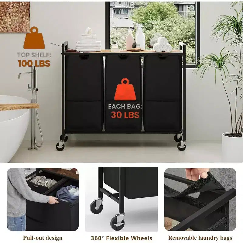 Cesto portabiancheria con ripiano e 3 sacche estraibili rimovibili, carrello portabiancheria da 120L con struttura in metallo per il bagno