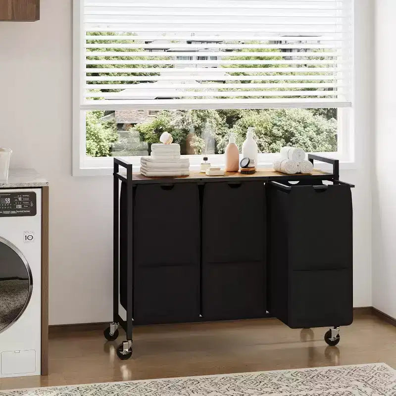 Cesto portabiancheria con ripiano e 3 sacche estraibili rimovibili, carrello portabiancheria da 120L con struttura in metallo per il bagno