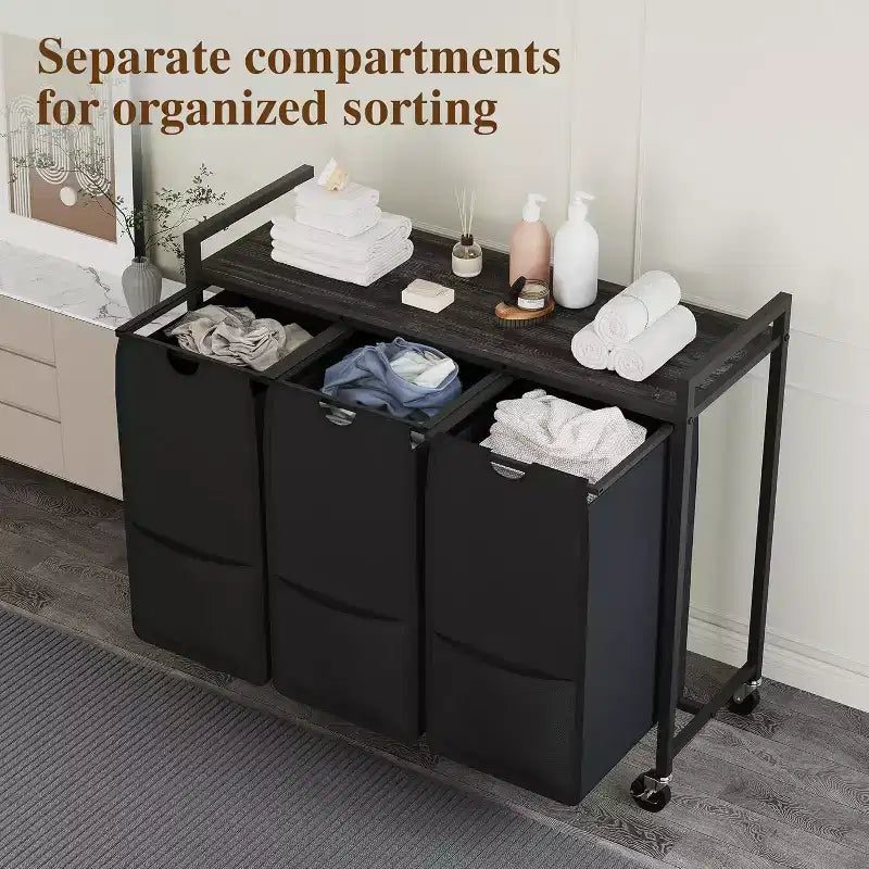 Cesto portabiancheria con ripiano e 3 sacche estraibili rimovibili, carrello portabiancheria da 120L con struttura in metallo per il bagno