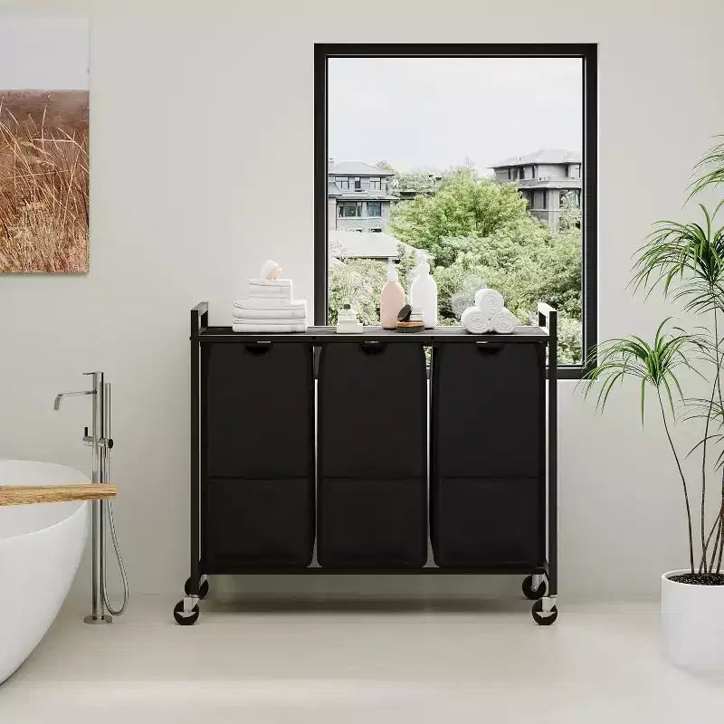 Cesto portabiancheria con ripiano e 3 sacche estraibili rimovibili, carrello portabiancheria da 120L con struttura in metallo per il bagno