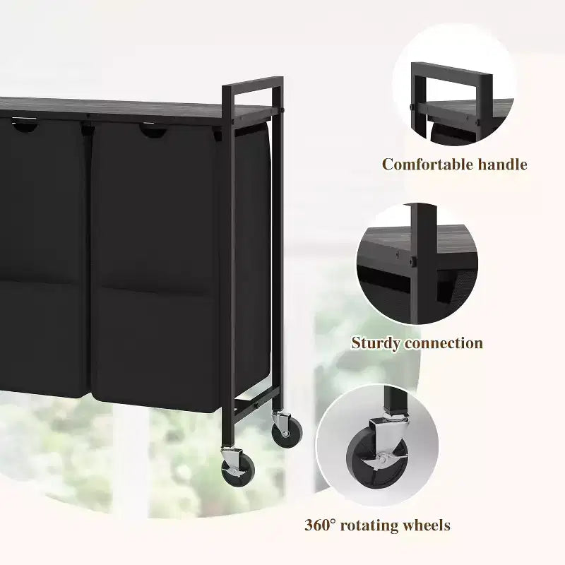 Cesto portabiancheria con ripiano e 3 sacche estraibili rimovibili, carrello portabiancheria da 120L con struttura in metallo per il bagno
