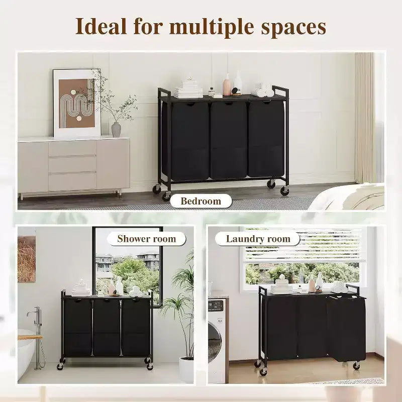 Cesto portabiancheria con ripiano e 3 sacche estraibili rimovibili, carrello portabiancheria da 120L con struttura in metallo per il bagno