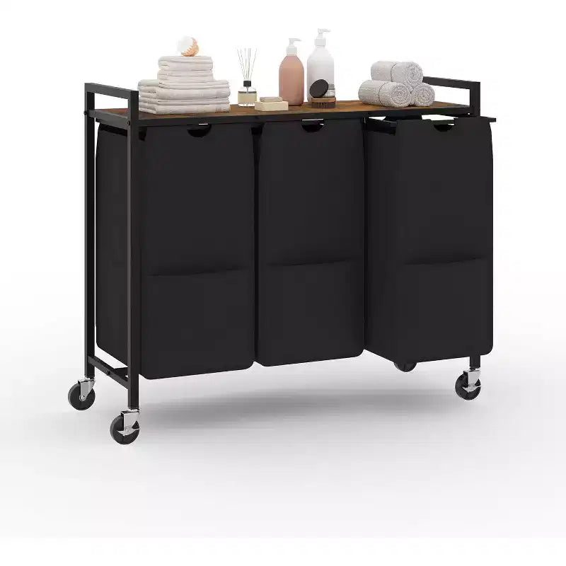 Cesto portabiancheria con ripiano e 3 sacche estraibili rimovibili, carrello portabiancheria da 120L con struttura in metallo per il bagno