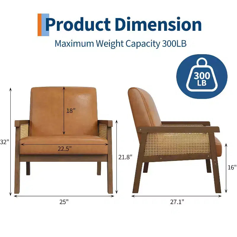 Poltrona decorativa moderna con schienale alto e struttura in legno, portata 300 lb - poltrona imbottita in rattan o pelle PU per soggiorno
