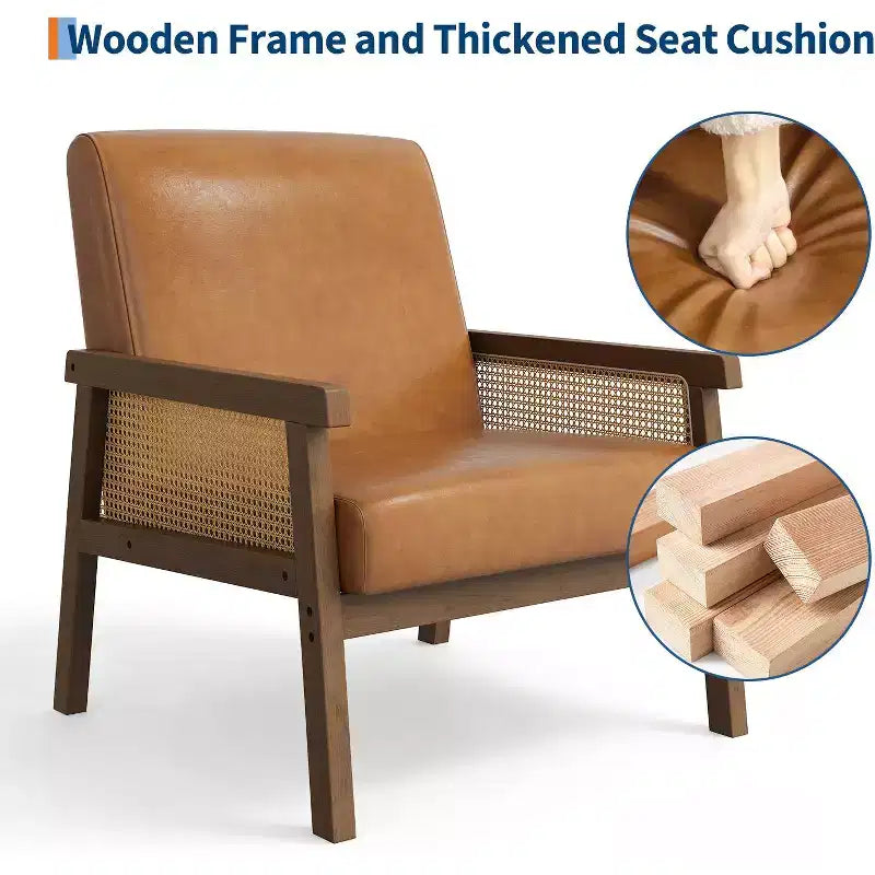 Poltrona decorativa moderna con schienale alto e struttura in legno, portata 300 lb - poltrona imbottita in rattan o pelle PU per soggiorno