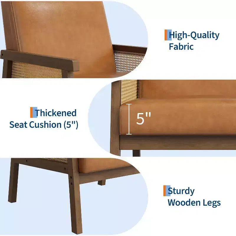 Poltrona decorativa moderna con schienale alto e struttura in legno, portata 300 lb - poltrona imbottita in rattan o pelle PU per soggiorno