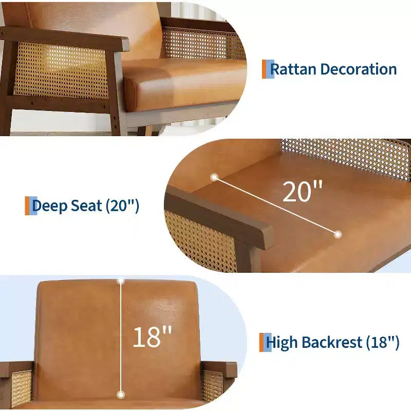 Poltrona decorativa moderna con schienale alto e struttura in legno, portata 300 lb - poltrona imbottita in rattan o pelle PU per soggiorno
