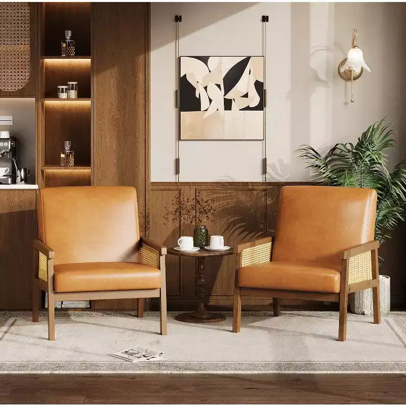 Poltrona decorativa moderna con schienale alto e struttura in legno, portata 300 lb - poltrona imbottita in rattan o pelle PU per soggiorno