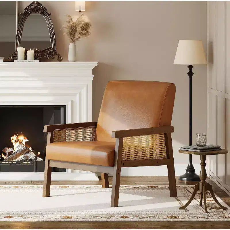 Poltrona decorativa moderna con schienale alto e struttura in legno, portata 300 lb - poltrona imbottita in rattan o pelle PU per soggiorno
