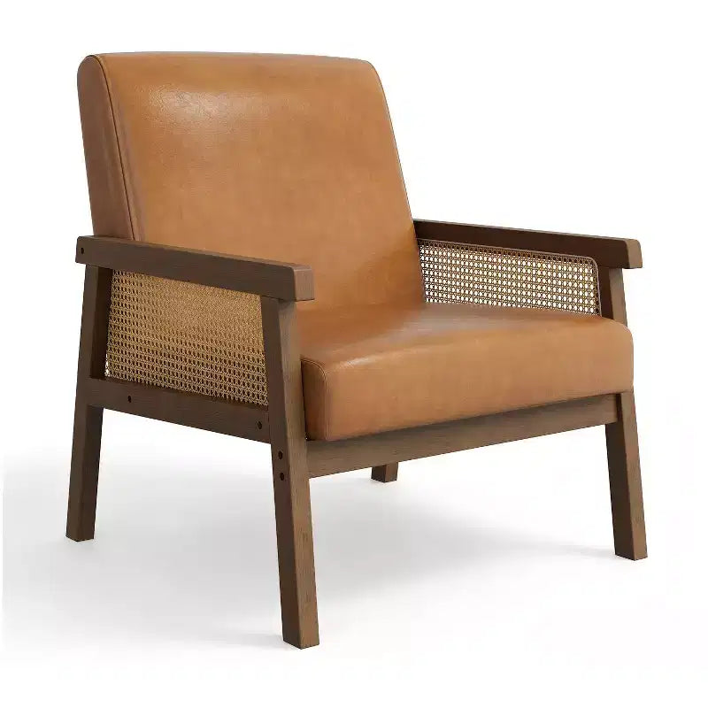 Poltrona decorativa moderna con schienale alto e struttura in legno, portata 300 lb - poltrona imbottita in rattan o pelle PU per soggiorno