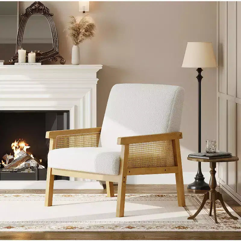Poltrona decorativa moderna con schienale alto e struttura in legno, portata 300 lb - poltrona imbottita in rattan o pelle PU per soggiorno