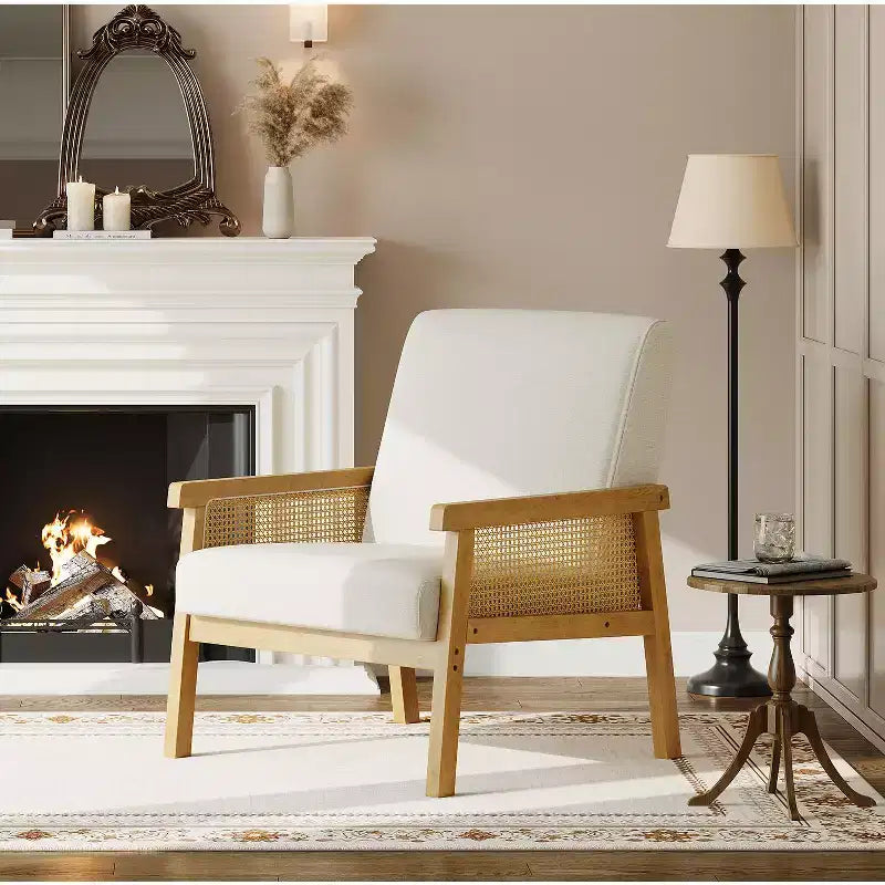 Poltrona decorativa moderna con schienale alto e struttura in legno, portata 300 lb - poltrona imbottita in rattan o pelle PU per soggiorno