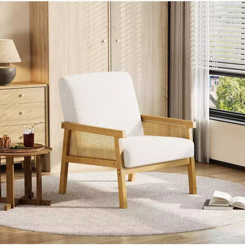 Poltrona decorativa moderna con schienale alto e struttura in legno, portata 300 lb - poltrona imbottita in rattan o pelle PU per soggiorno