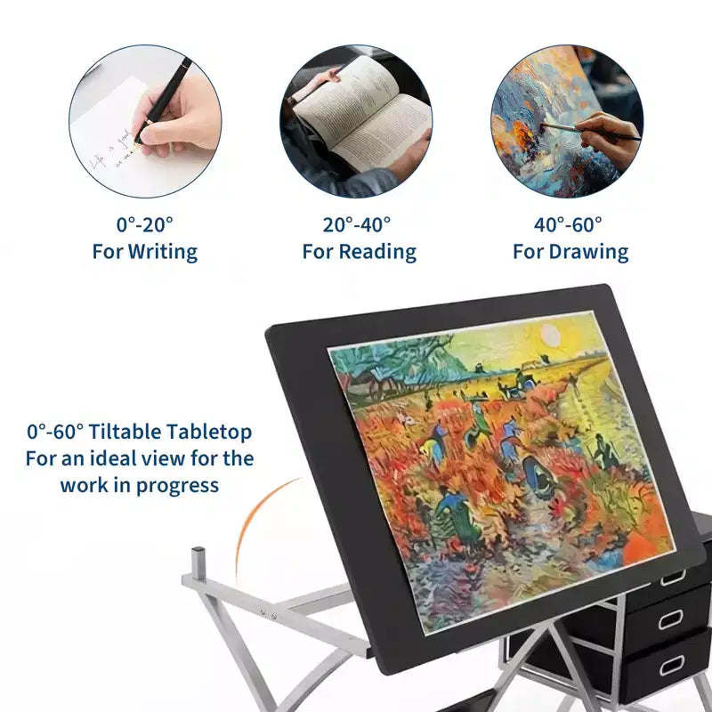 Tavolo da disegno regolabile con sgabello, piano inclinabile e 3 cassetti portaoggetti, postazione di lavoro per studio di pittura, tavolo da disegno artistico