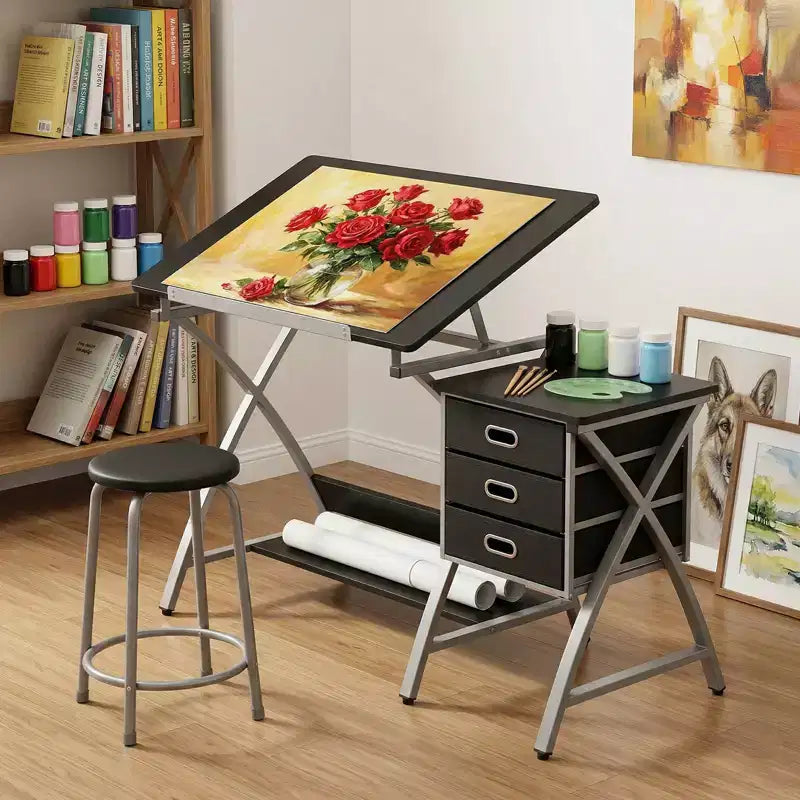 Tavolo da disegno regolabile con sgabello, piano inclinabile e 3 cassetti portaoggetti, postazione di lavoro per studio di pittura, tavolo da disegno artistico