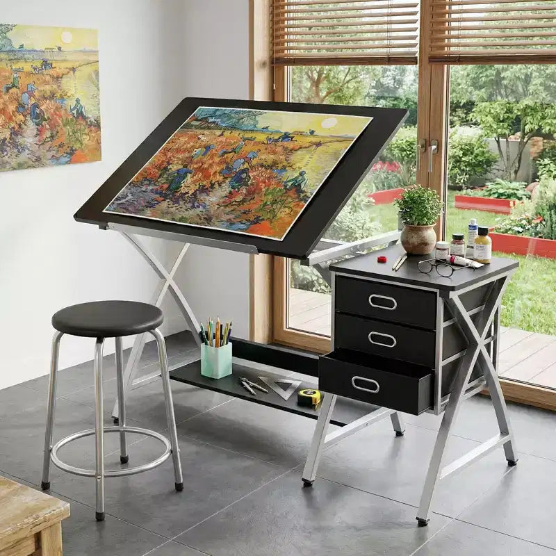 Tavolo da disegno regolabile con sgabello, piano inclinabile e 3 cassetti portaoggetti, postazione di lavoro per studio di pittura, tavolo da disegno artistico